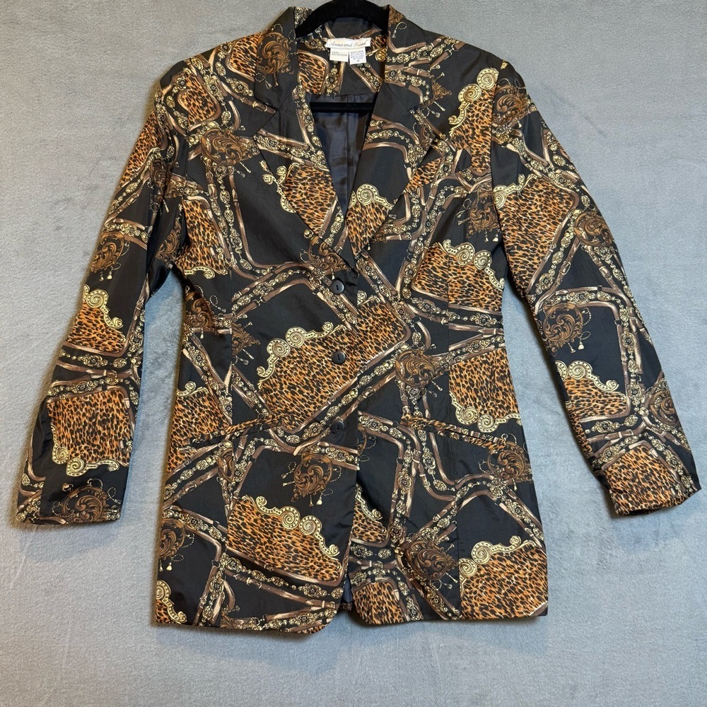 Anna and Frank Women's Black and Brown Patterned Blazer 100% Silk, Size M